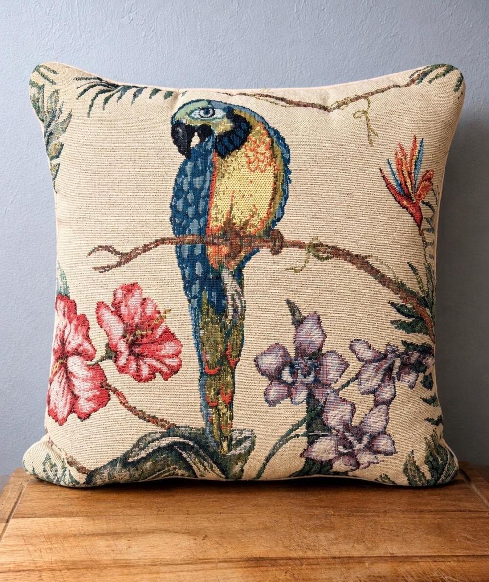 Vintage Tropical Parrot Tapestry Pillow | Blue Macaw Floral Botanical Accent